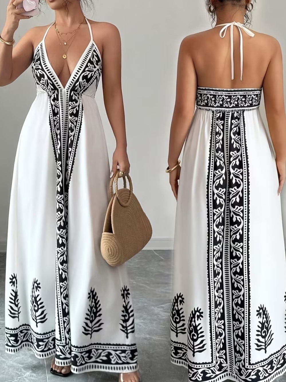 White Halter Maxi Dress with Black Embroidered Trim